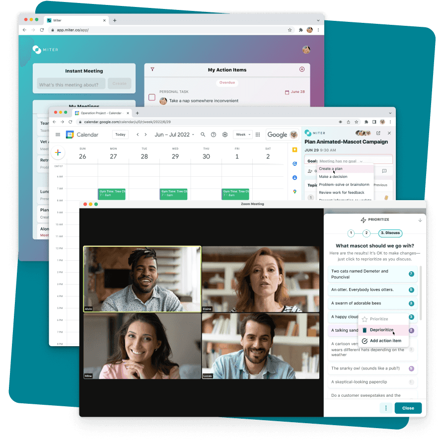 Screenshots of Miter for web, GCal, and Zoom