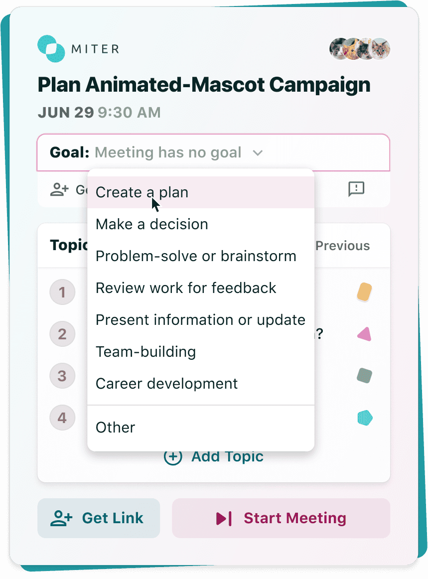 Miter's pre-meeting planning screen with goal and topics